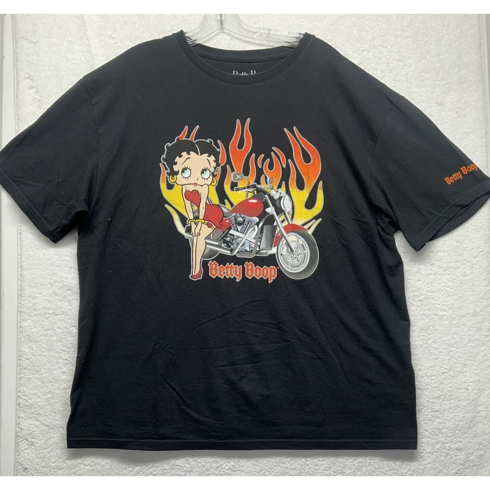 Betty Boop Mens Size XL Black Motorcycle Flame Short Sleeve Graphic T Shirt (J2)